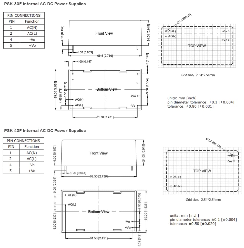 Plan mécanique - CUI Inc Alimentations électriques internes CA-CC PSK-30F et PSK-40F